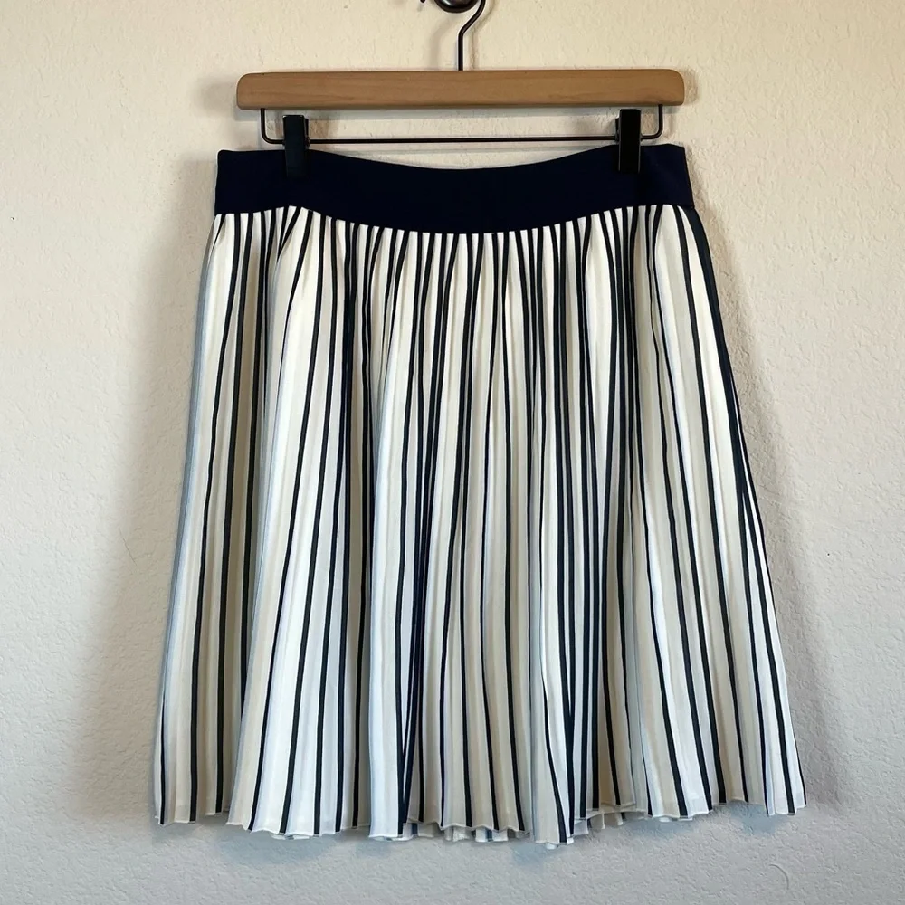 J. Crew Sunburst Chiffon Pleated Navy Blue & White Stripe Skirt B8227 Size 4